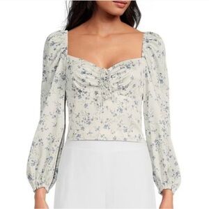GIANNI BINI White Blue Floral Milkmaid Blouse‎ Top Crop Long Sleeve Size 12 New